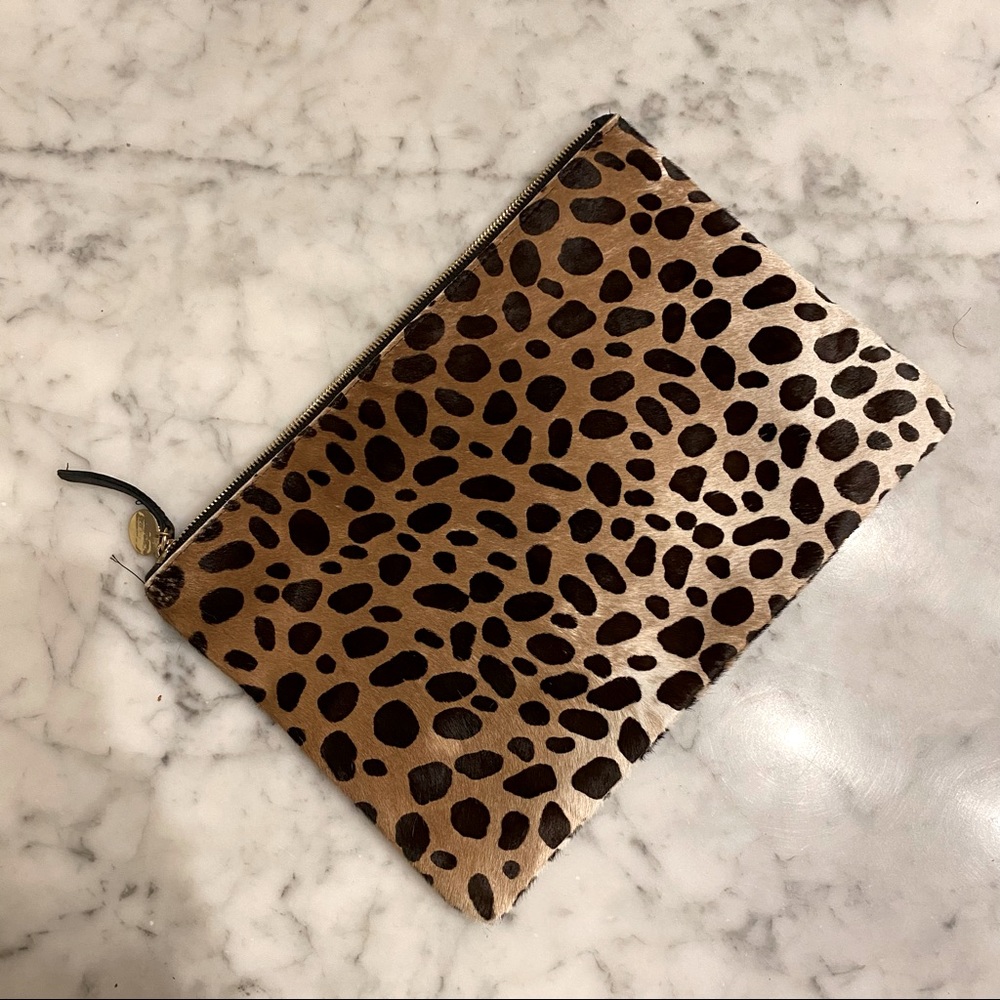 Leopard printed calf hair clutch